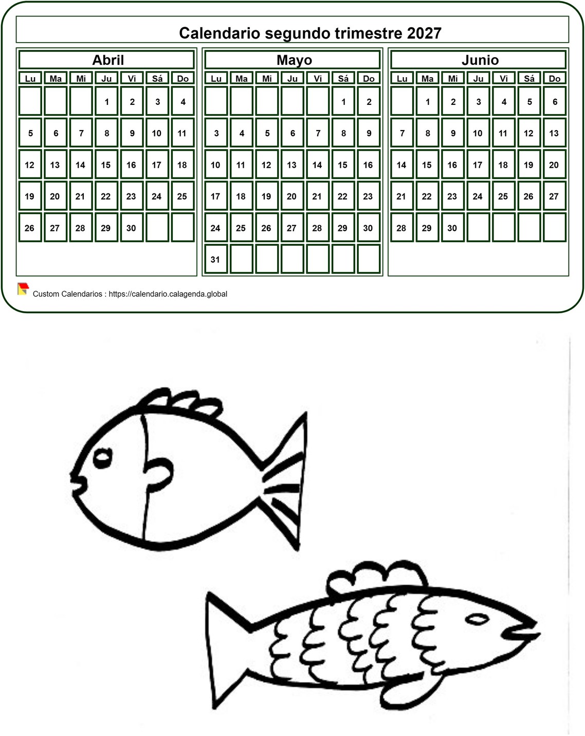 Calendario 2027 para colorear, trimestral, formato retrato, para niños