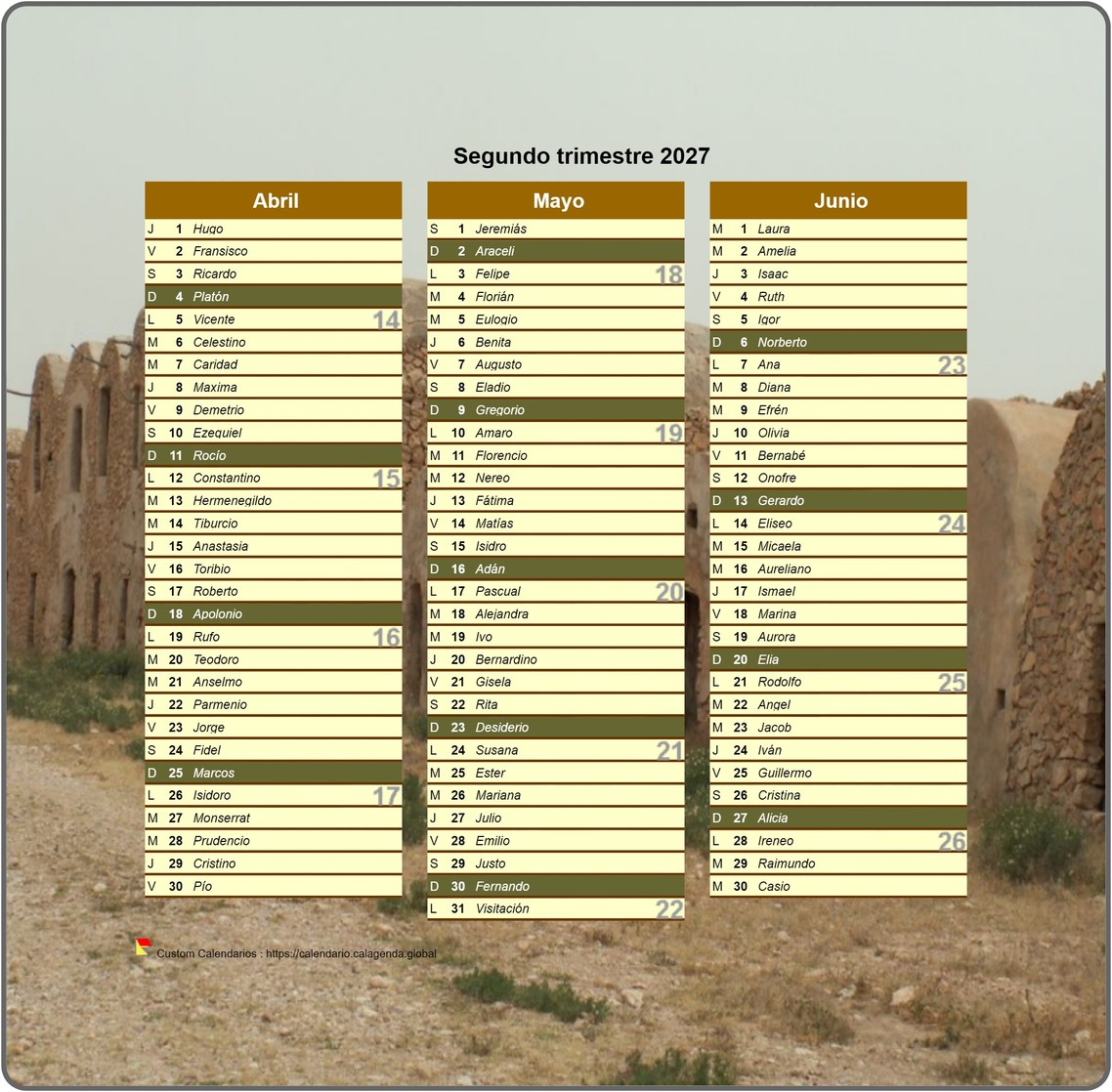 Calendario 2027 trimestral decorativo con foto, formato retrato, una columna al mes