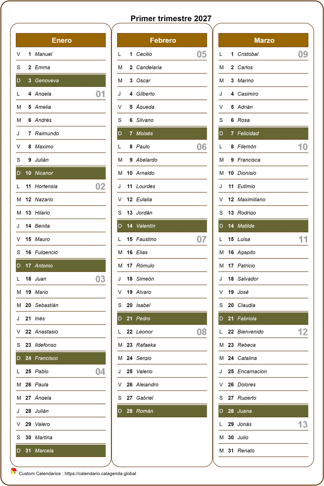 Calendario 2027 trimestral con agenda detallada, formato retrato, una columna al mes
