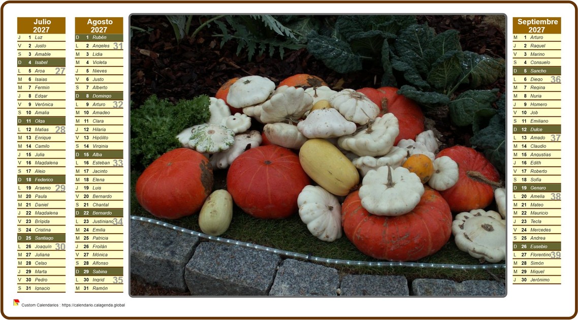 Calendario 2027 trimestral en columnas con foto en el interior