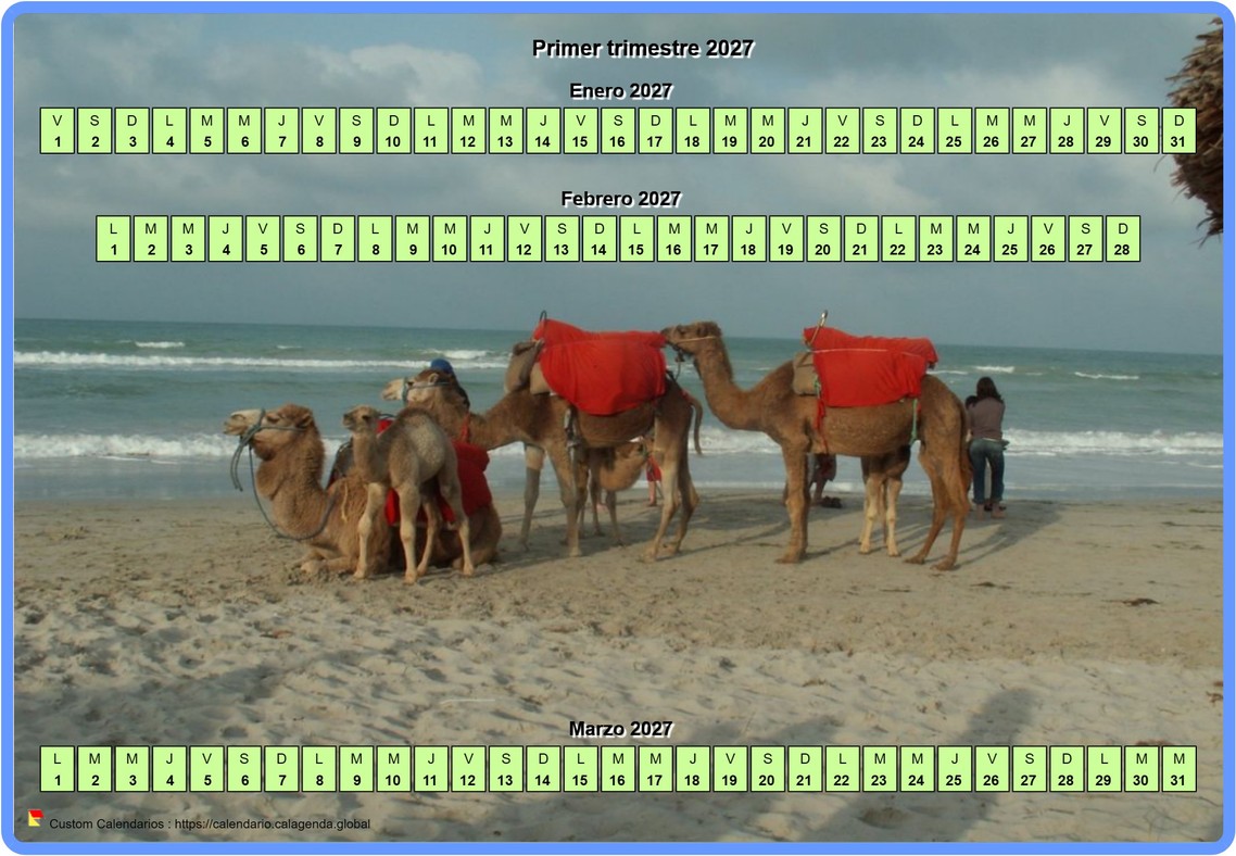 Calendario 2027 trimestral horizontal con foto de fondo