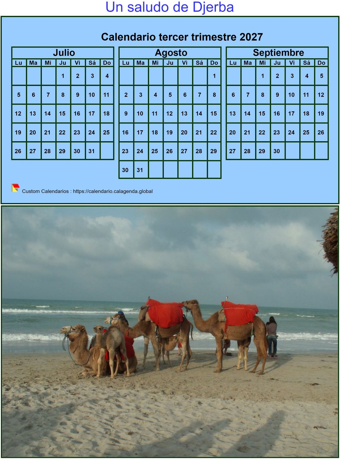 Calendario 2027 para imprimir trimestralmente, formato pequeño, fondo azul, con foto