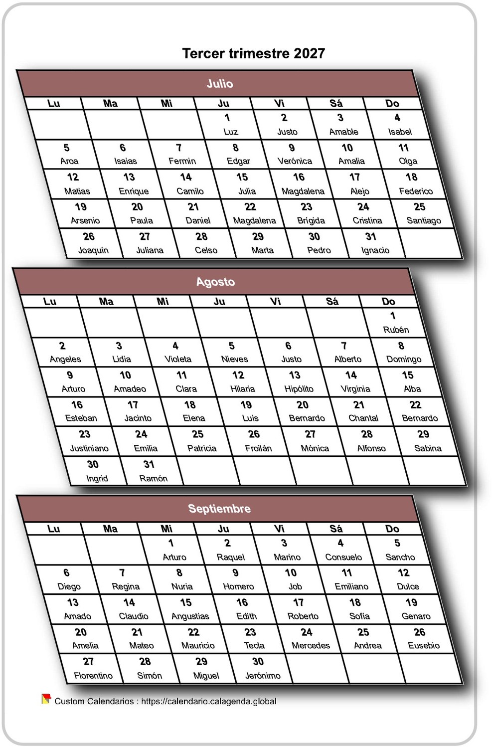 Calendario 2027 trimestral 3D