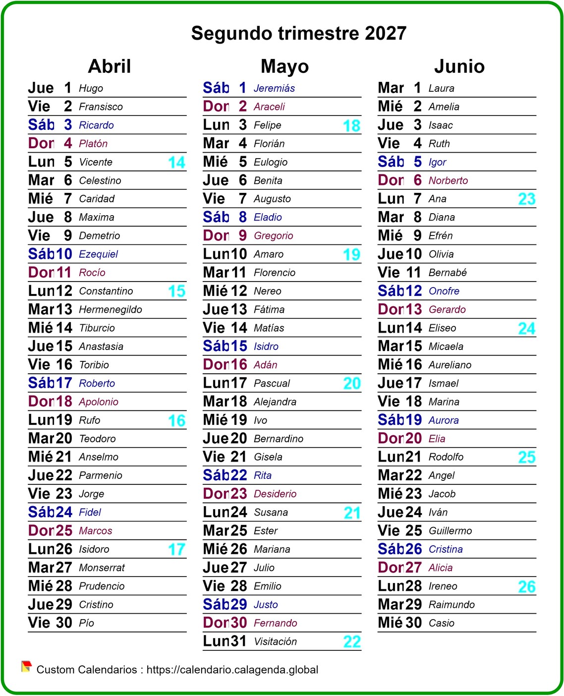 Agenda 2027 trimestral con diferentes colores del texto para el sábado y el domingo