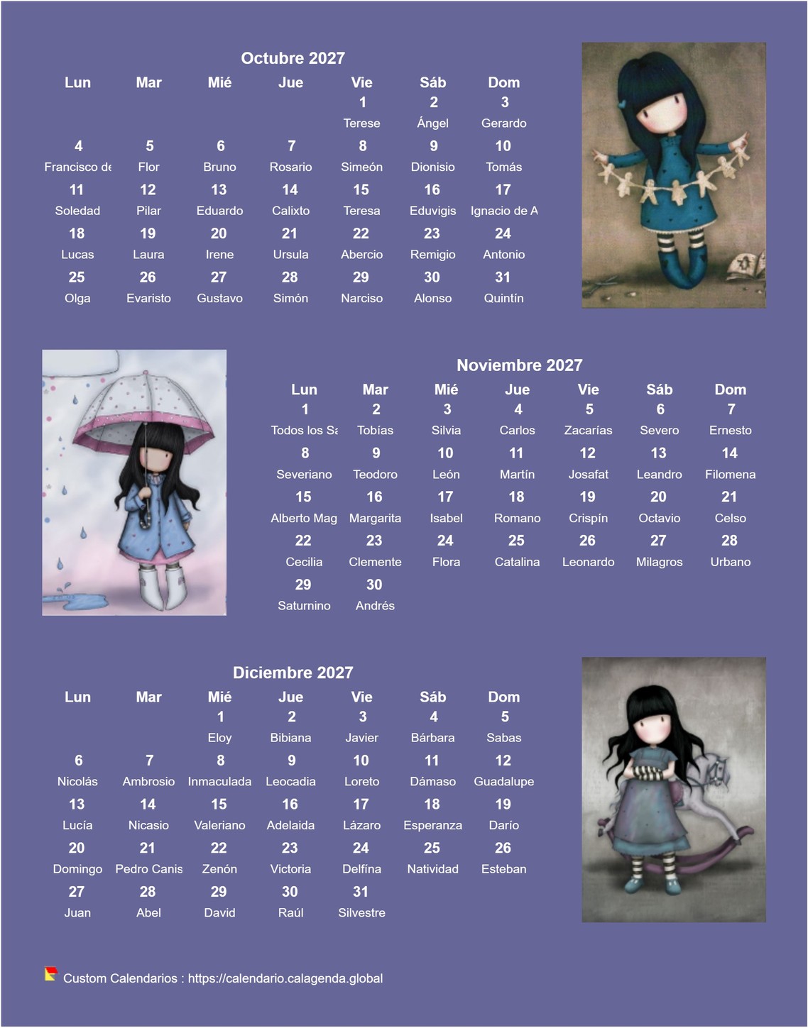 Calendario 2027 trimestral Gorjuss