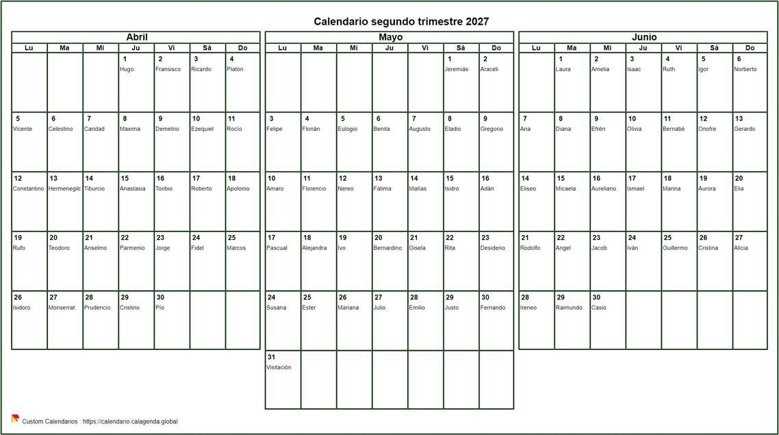 Calendario 2027 para imprimir trimestralmente, formato horizontal