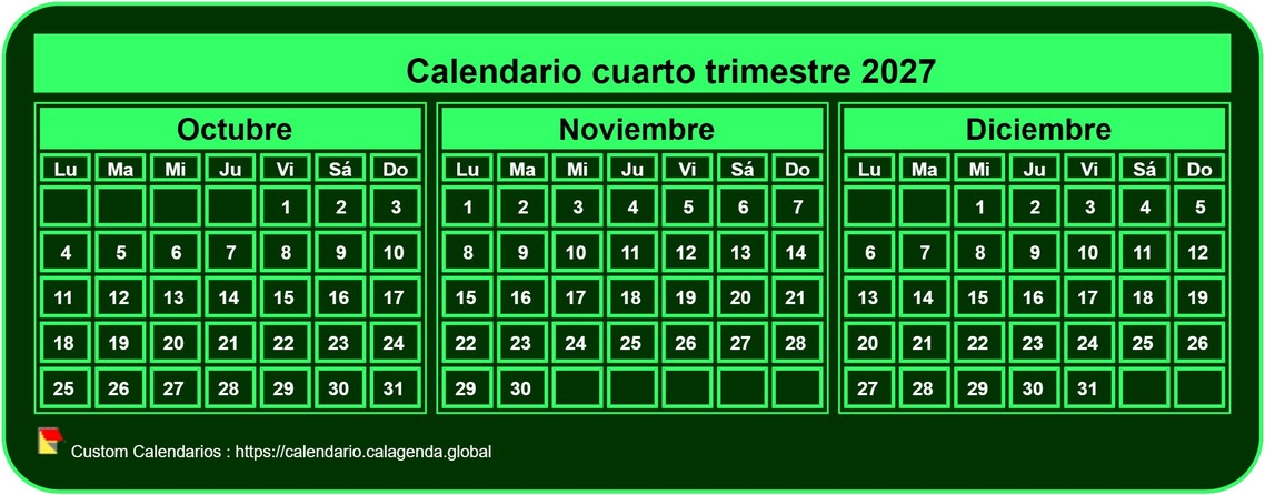 Calendario 2027 para imprimir trimestralmente, formato de bolsillo pequeño, fondo verde