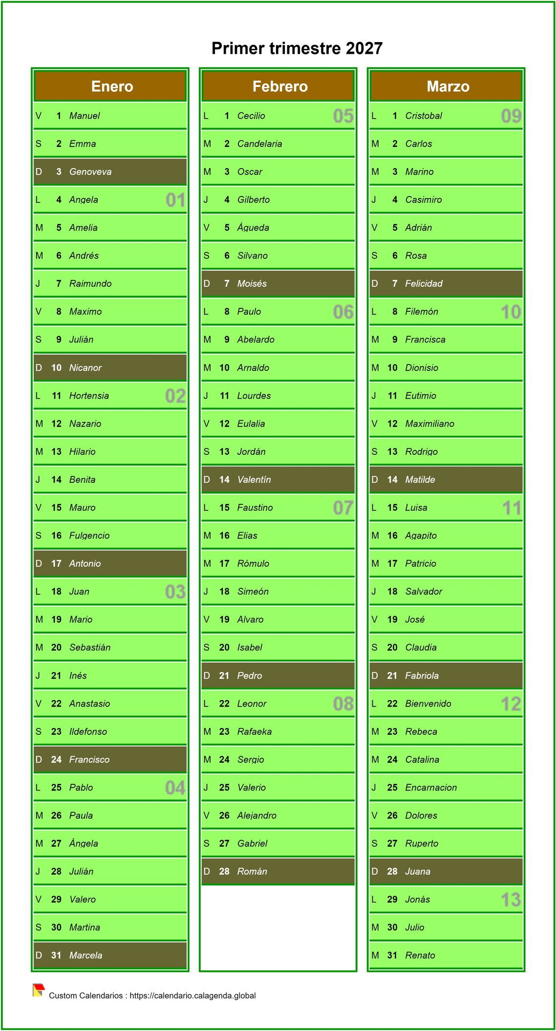 Calendario 2027 a falta del calendario civil agenda trimestral, una columna al mes