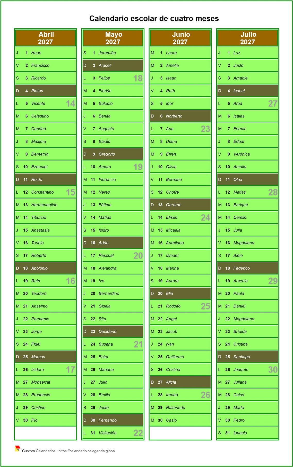 Plantilla fallando el calendario escolar agenda trimestral, una columna al mes