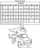 Calendario para colorear abril 2027