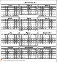 Calendario para imprimir, formato mini 3x4 2027