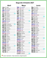 Calendario trimestral en columnas 2027